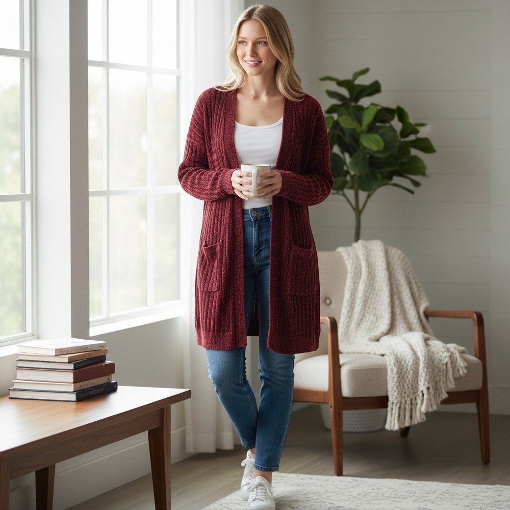 Matty M Burgundy Chenille Ribbed Longline Open Front Cardigan XL
